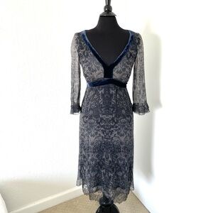 Elie Tahari Silk Chiffon Lace Midi Dress with Velvet Tie Midnight Blue